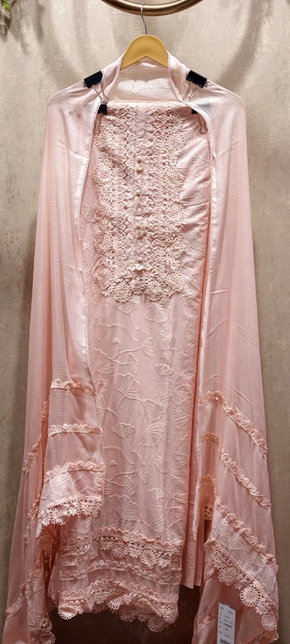 Soft Pink Pastel Embroidered Unstitched Full Suit Set with Dupatta In Lace Detailing- 14917
