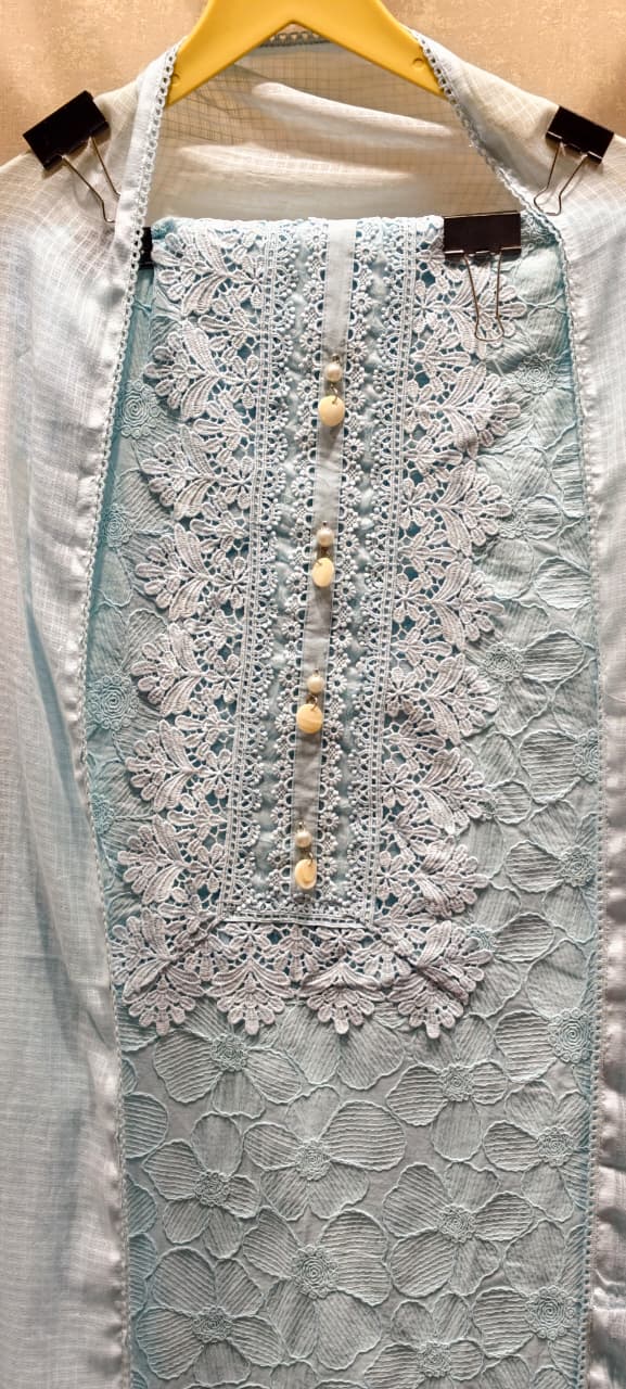 Premium Pastel Embroidered Unstitched Full Suit Set with Dupatta In Lace Detailing- 14916