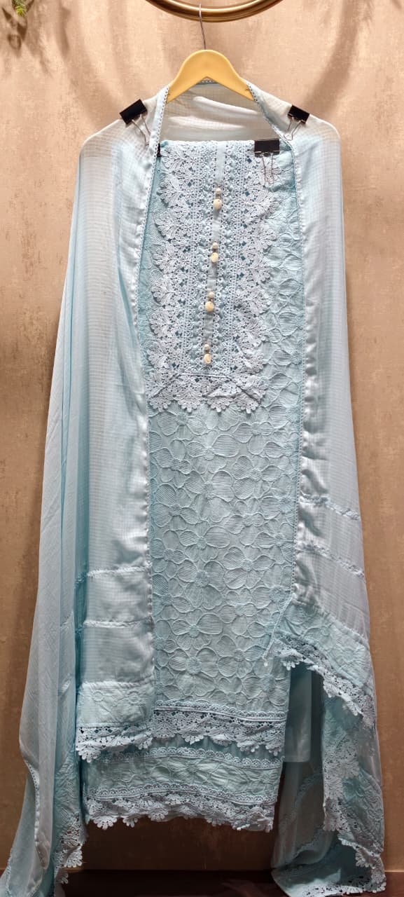 Premium Pastel Embroidered Unstitched Full Suit Set with Dupatta In Lace Detailing- 14916