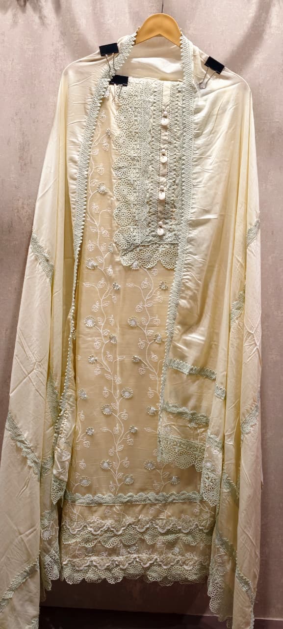 Premium Chanderi Elegant Cream Embroidered Unstitched Full Suit Set with Lace Detailing- 14918
