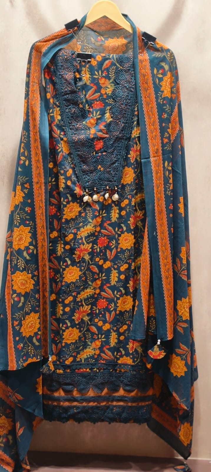 Vibrant Botanical Floral Print Full Suit Set with Lace & Cowrie Shell Detailing- 14907, 06