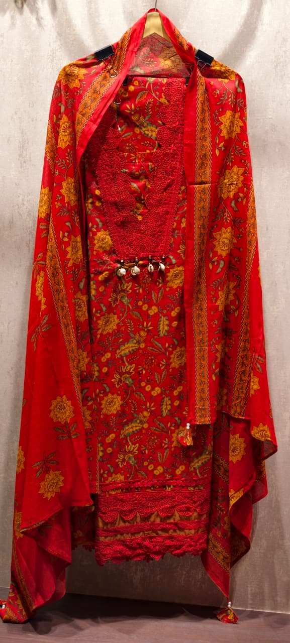 Vibrant Botanical Floral Print Full Suit Set with Lace & Cowrie Shell Detailing- 14907, 06