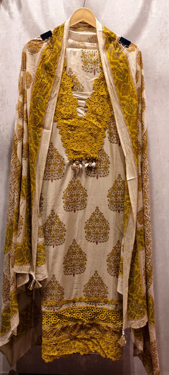 V-Neck Elegant Floral Block Print Cotton Unstitched Full Suit Set with Crochet Lace - 14905