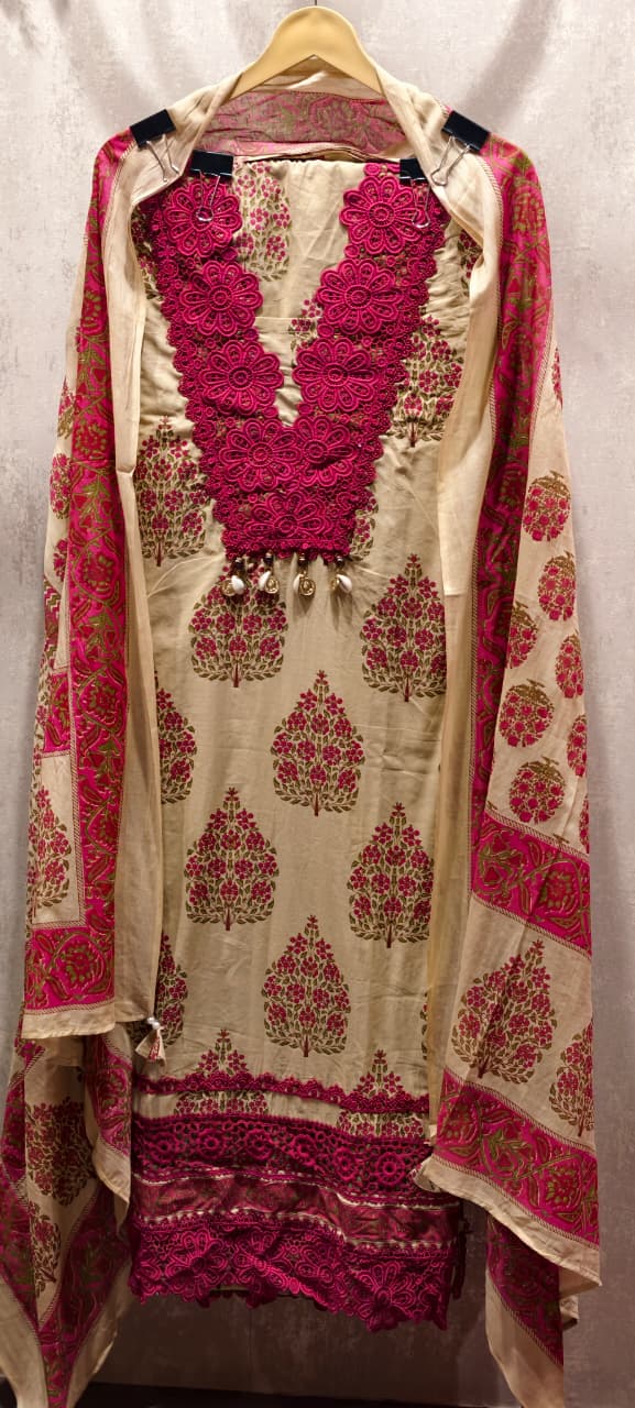 V-Neck Elegant Floral Block Print Cotton Unstitched Full Suit Set with Crochet Lace - 14905