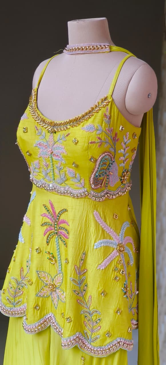 Lime Yellow Embroidered Scalloped Short Kurti with Halter Neck Straps and Flowy Palazzo Pant Set