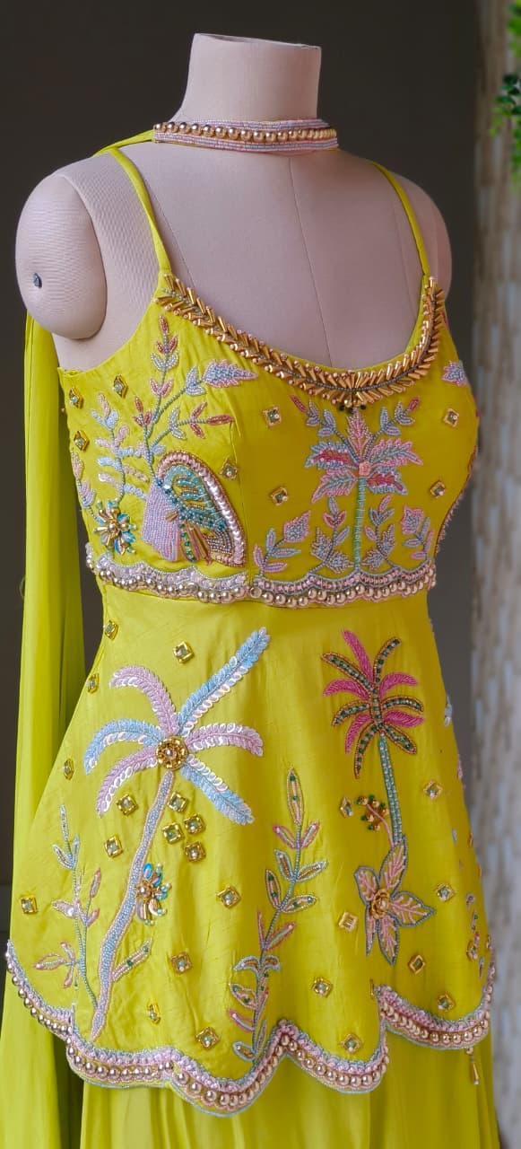 Lime Yellow Embroidered Scalloped Short Kurti with Halter Neck Straps and Flowy Palazzo Pant Set