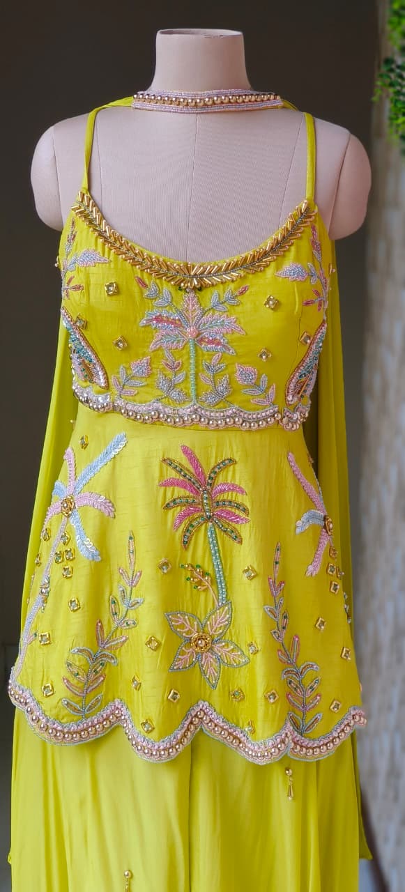 Lime Yellow Embroidered Scalloped Short Kurti with Halter Neck Straps and Flowy Palazzo Pant Set