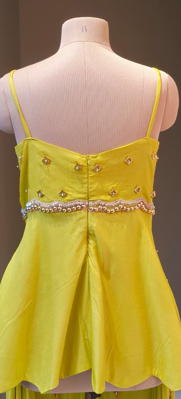 Lime Yellow Embroidered Scalloped Short Kurti with Halter Neck Straps and Flowy Palazzo Pant Set