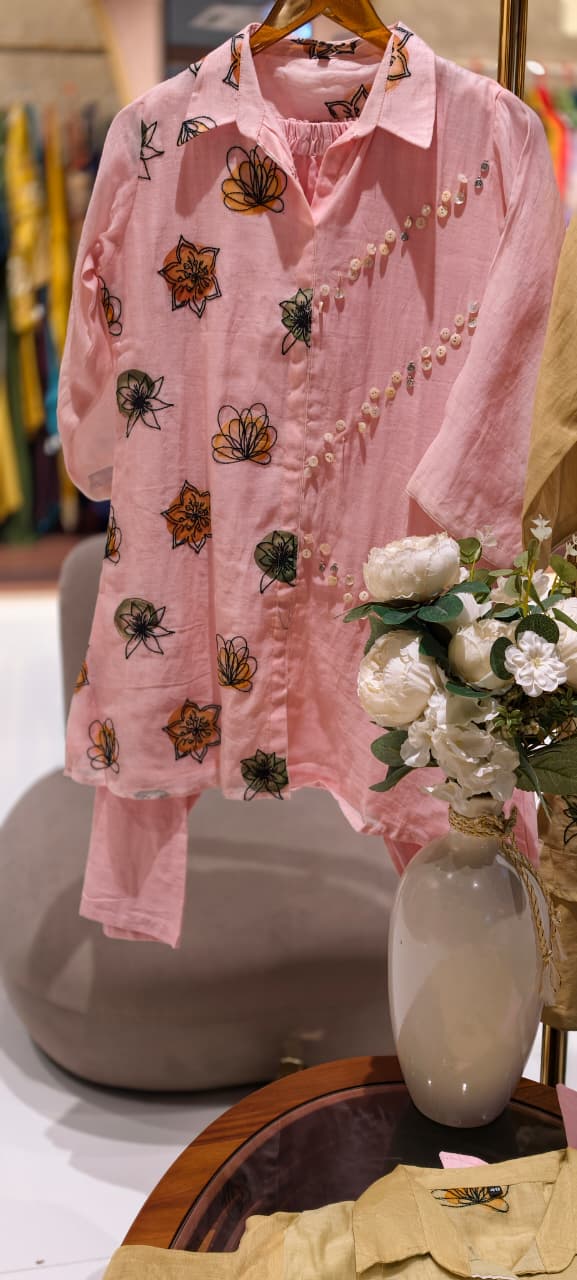 Cute Floral Accent With Buttoned Touch One Shade Casual Co-Ord Set- 14929