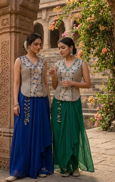 Hand-Embroidered Koti Jacket and Draped Skirt Set Flowing  Dhoti Draped Skirt With Tassel Accent