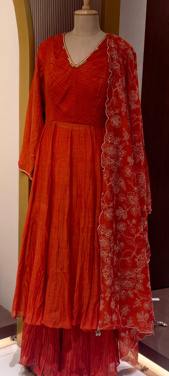 Vibrant Orange Graceful Anarkali Full Suit Set With Heavy Work Dupatta In Mul-Chnaderi Fabric- 14324