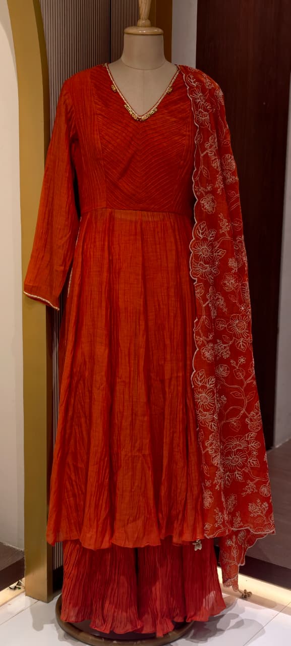 Vibrant Orange Graceful Anarkali Full Suit Set With Heavy Work Dupatta In Mul-Chnaderi Fabric- 14324