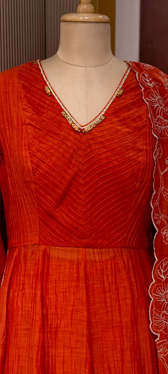 Vibrant Orange Graceful Anarkali Full Suit Set With Heavy Work Dupatta In Mul-Chnaderi Fabric- 14324