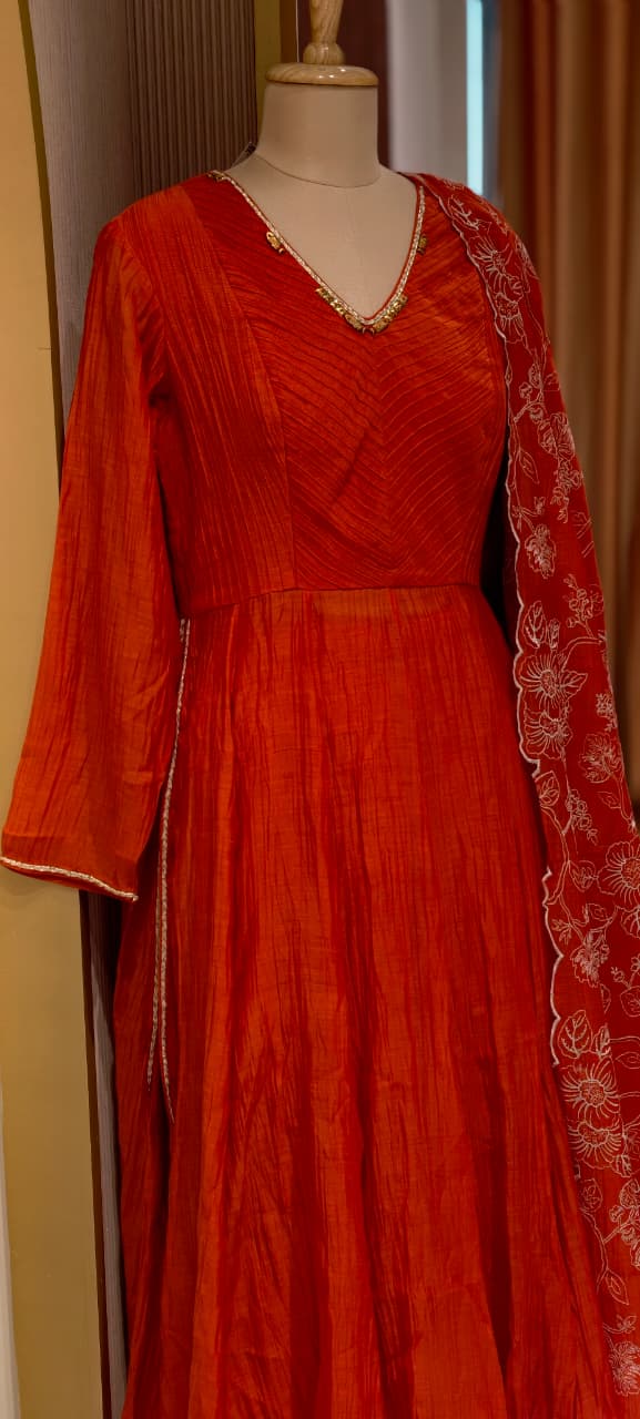 Vibrant Orange Graceful Anarkali Full Suit Set With Heavy Work Dupatta In Mul-Chnaderi Fabric- 14324