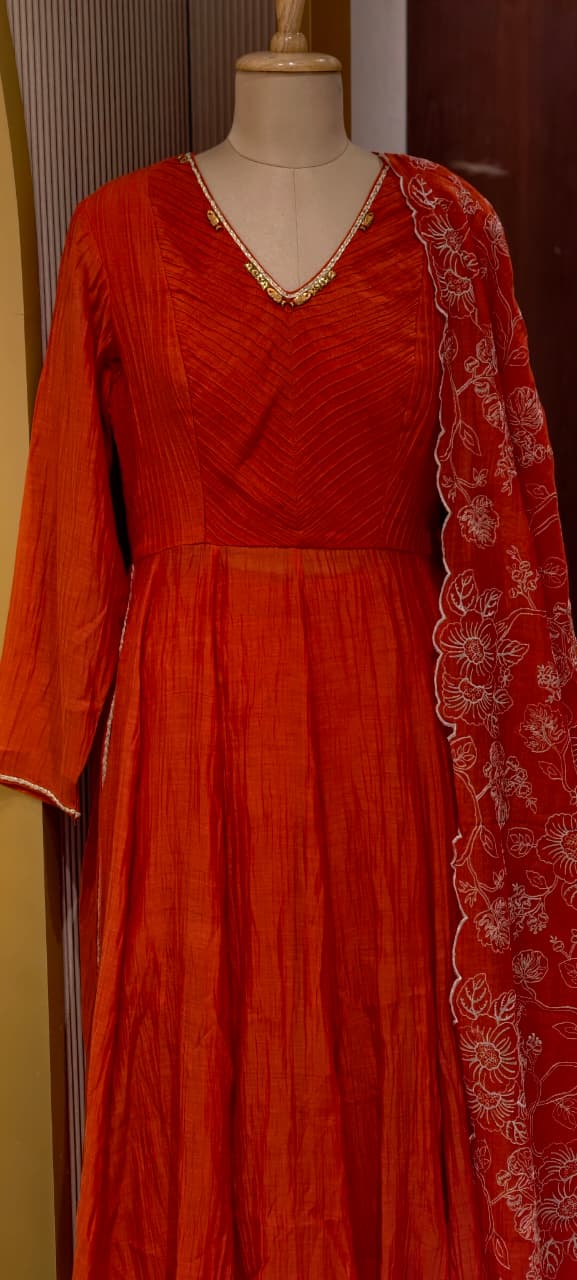Vibrant Orange Graceful Anarkali Full Suit Set With Heavy Work Dupatta In Mul-Chnaderi Fabric- 14324