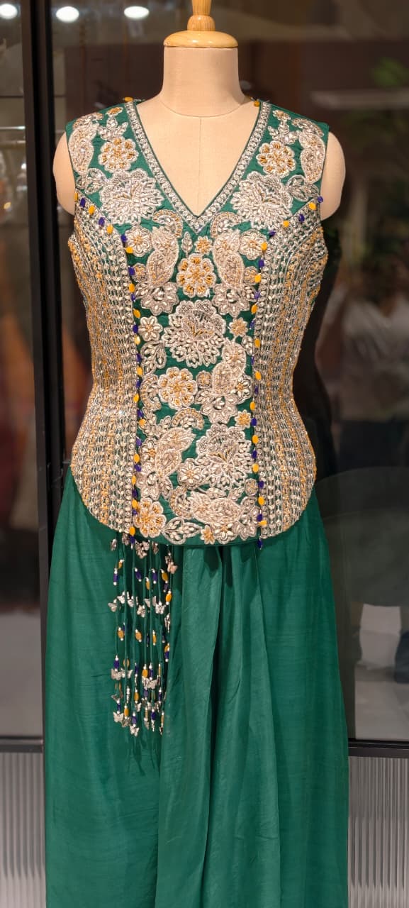 Hand-Embroidered Koti Jacket and Draped Skirt Set Flowing  Dhoti Draped Skirt With Tassel Accent