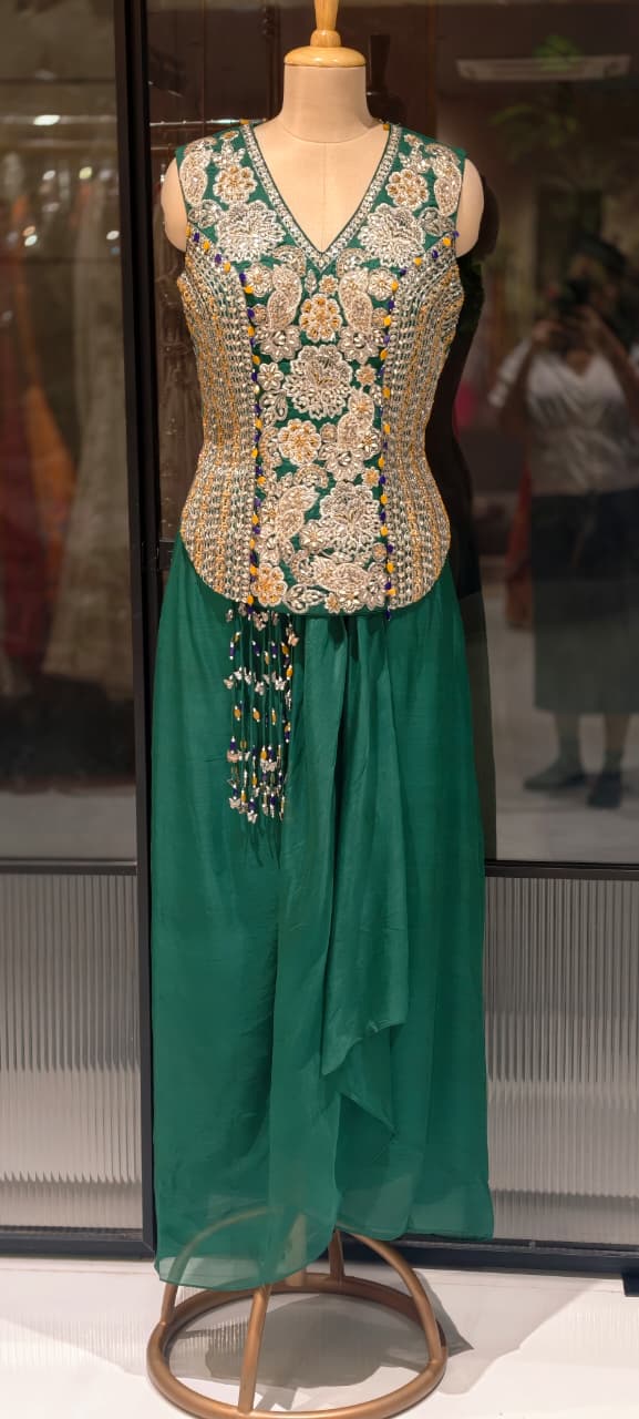 Hand-Embroidered Koti Jacket and Draped Skirt Set Flowing  Dhoti Draped Skirt With Tassel Accent