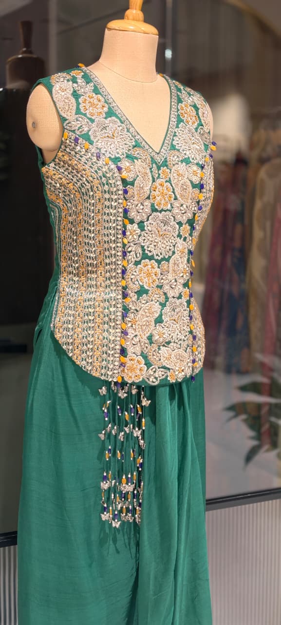Hand-Embroidered Koti Jacket and Draped Skirt Set Flowing  Dhoti Draped Skirt With Tassel Accent