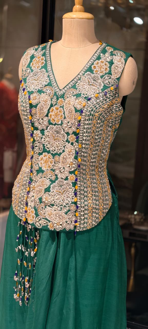 Hand-Embroidered Koti Jacket and Draped Skirt Set Flowing  Dhoti Draped Skirt With Tassel Accent