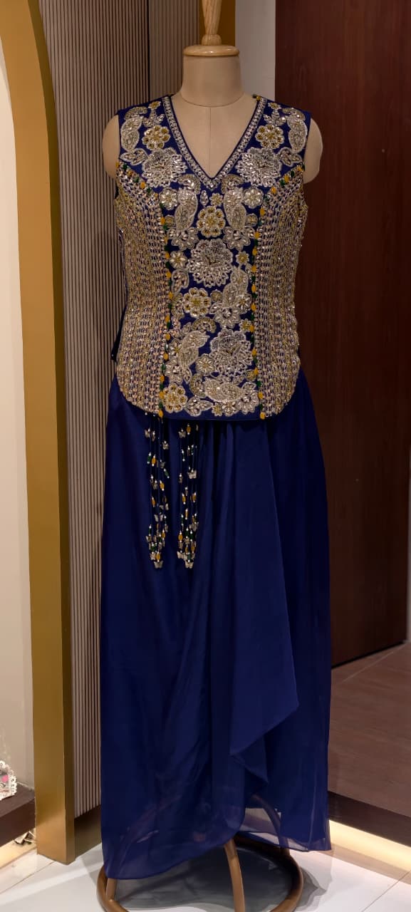 Hand-Embroidered Koti Jacket and Draped Skirt Set Flowing  Dhoti Draped Skirt With Tassel Accent