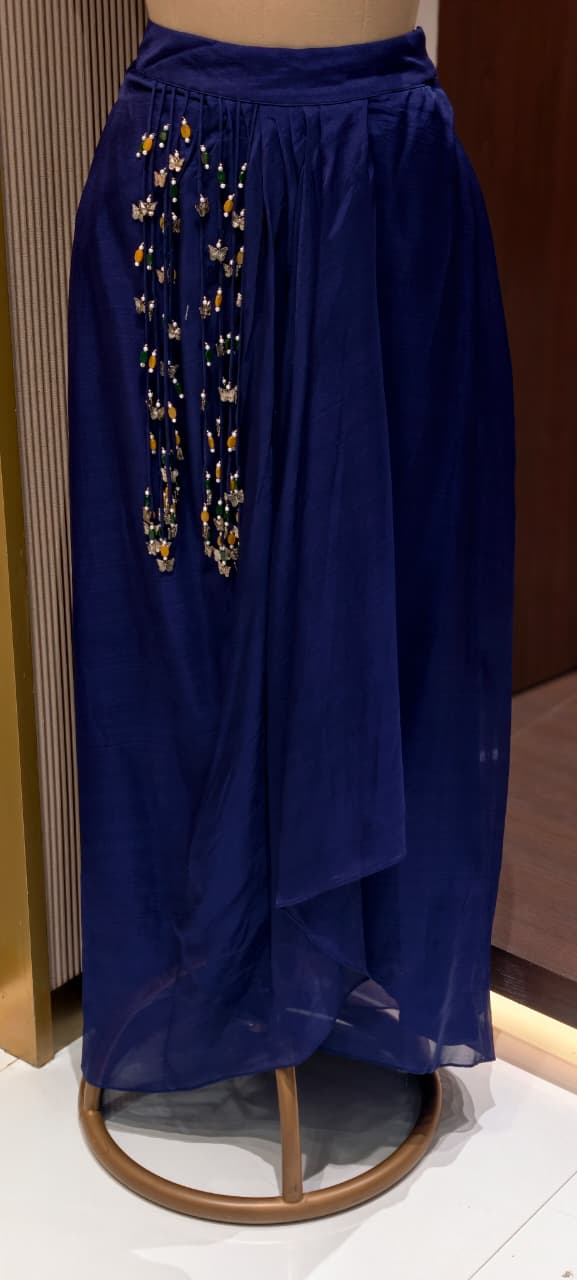 Hand-Embroidered Koti Jacket and Draped Skirt Set Flowing  Dhoti Draped Skirt With Tassel Accent