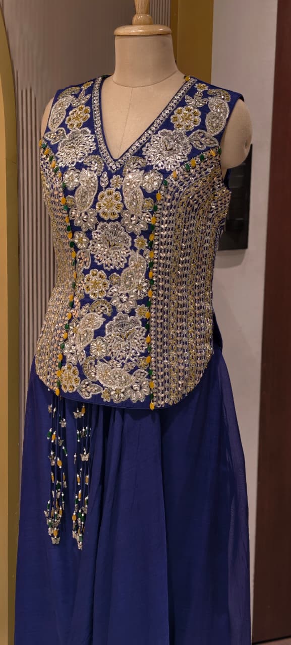 Hand-Embroidered Koti Jacket and Draped Skirt Set Flowing  Dhoti Draped Skirt With Tassel Accent