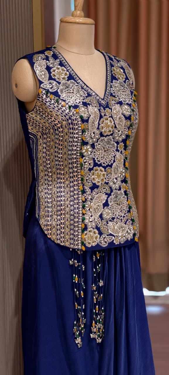 Hand-Embroidered Koti Jacket and Draped Skirt Set Flowing  Dhoti Draped Skirt With Tassel Accent