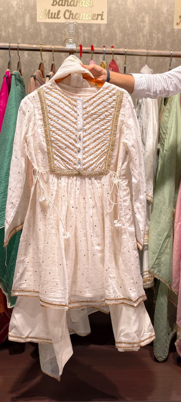 Ivory Golden Intricate Zari Embroidery Premium Peplum Short Length Full Suit Set with Elegant Organza Dupatta- 14282