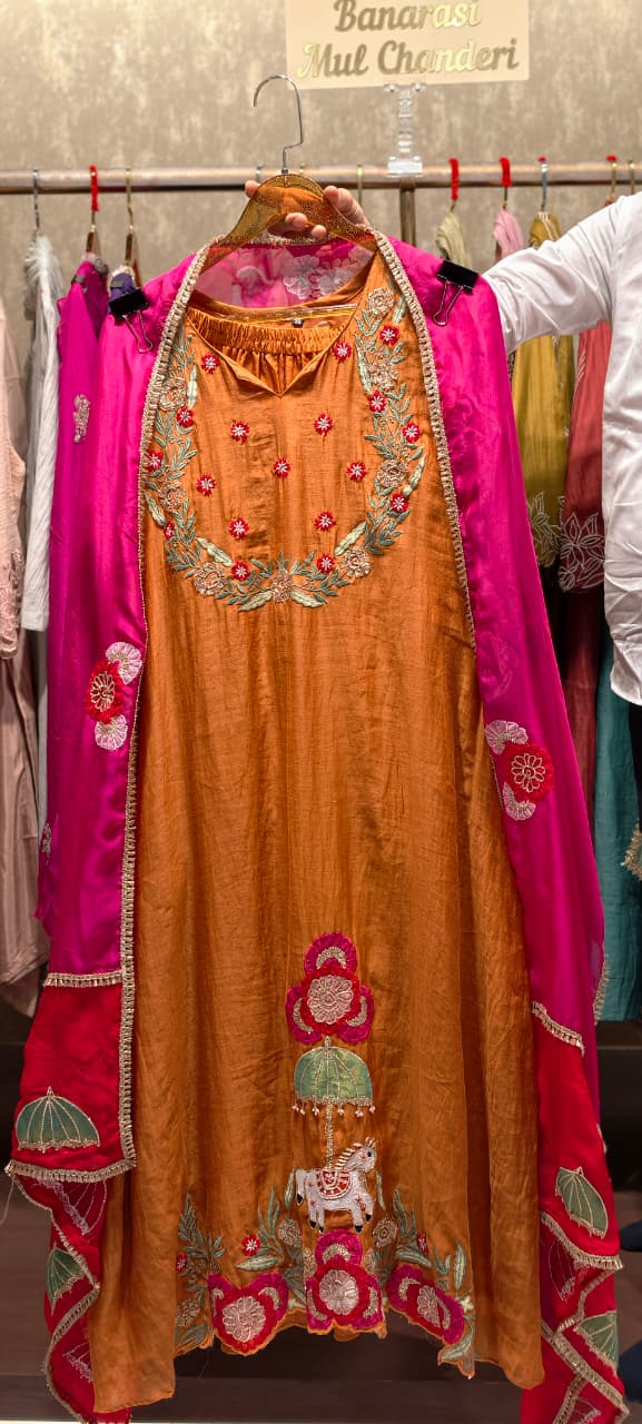 Orange Mul Chanderi A-Line Full Suit Set with Pink Dupatta and Floral Horse Embroidery- 13735