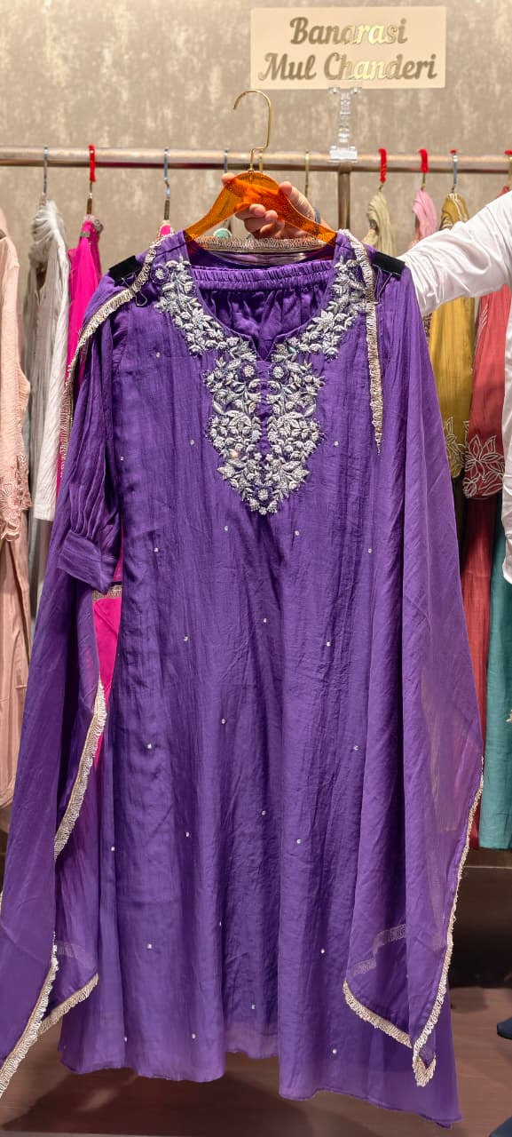Royal Purple Mul Chanderi A-Line Full Suit Set with Intricate Silver Neckline Embroidery and Dupatta- 13579