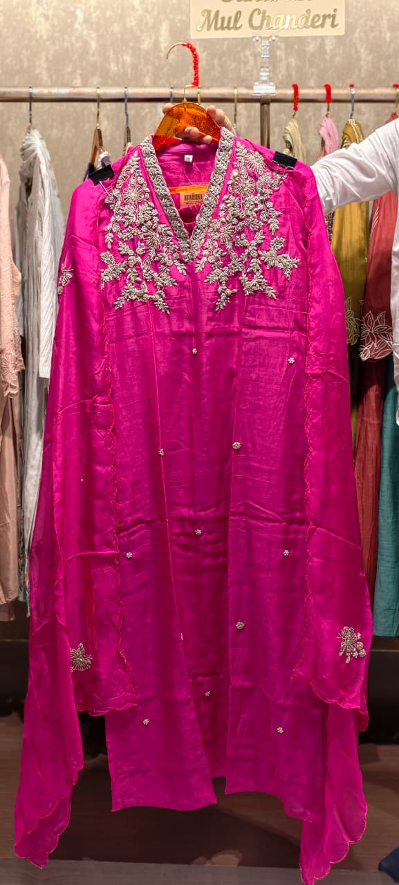 Magenta Mul Chanderi Festive Full Suit Set with Heavy Silver Zardozi Embroidery & Dupatta- 12770