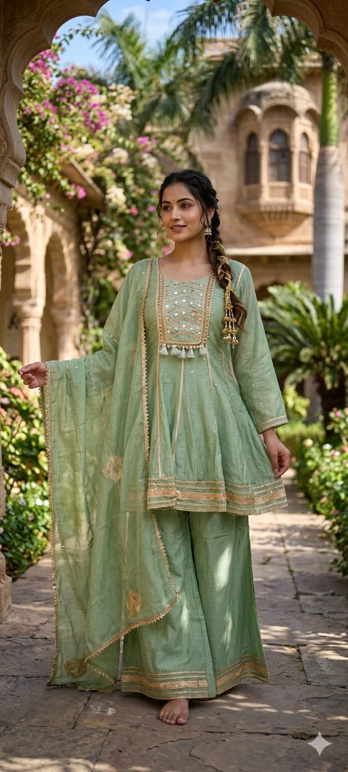 Mul Chanderi Zardosi Gota Patti Embroidered Chanderi Peplum Short Kurta with PalazzoPant & Dupatta Set- 14282