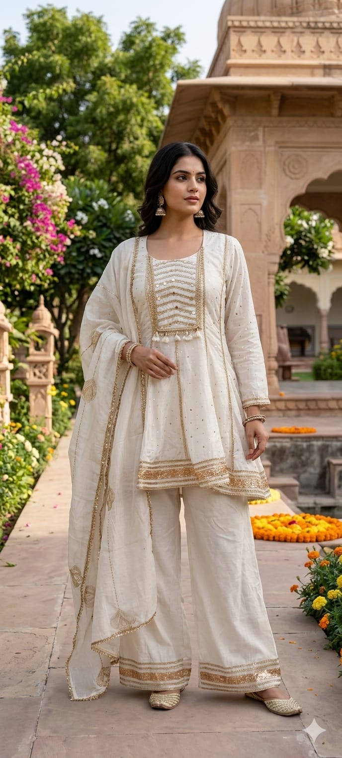 Mul Chanderi Zardosi Gota Patti Embroidered Chanderi Peplum Short Kurta with PalazzoPant & Dupatta Set- 14282