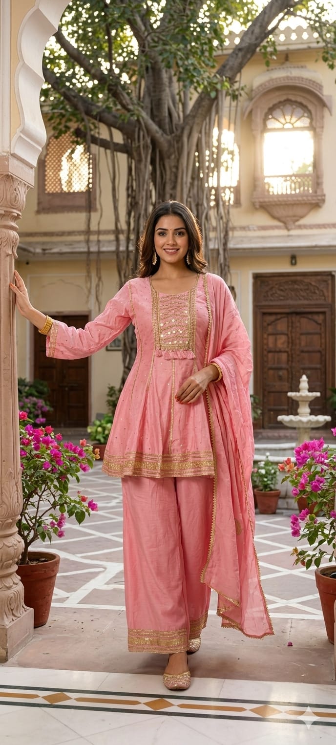 Mul Chanderi Zardosi Gota Patti Embroidered Chanderi Peplum Short Kurta with PalazzoPant & Dupatta Set- 14282