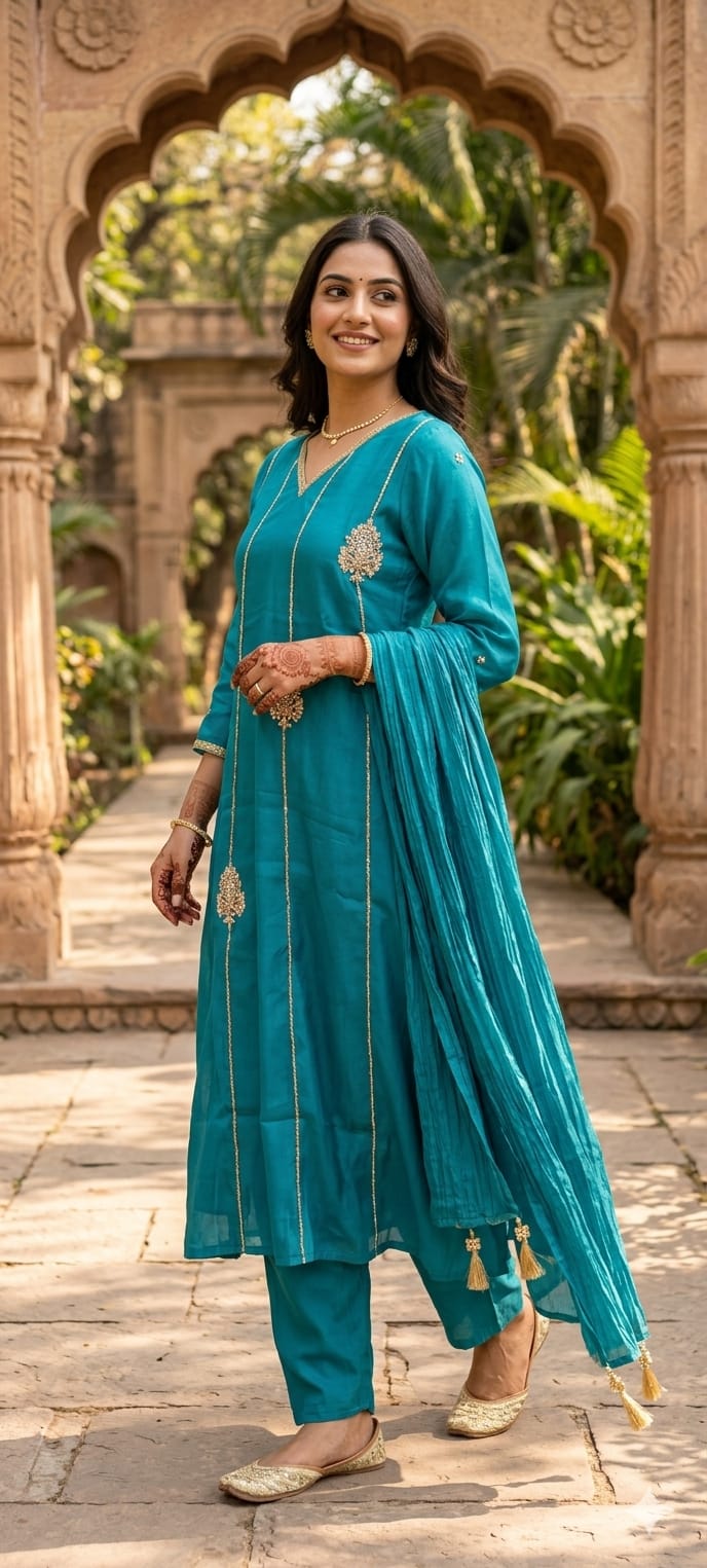 Vertical Golden Lines & Medallion Motifs Surat Mul Chanderi A-Line Full Suit Set With Dupatta- 14940