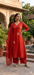 Vertical Golden Lines & Medallion Motifs Surat Mul Chanderi A-Line Full Suit Set With Dupatta- 14940