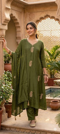 Solid Festive A-Line Full Suit Set with Zari Buta Embroidery & Tassel Dupatta- 14938