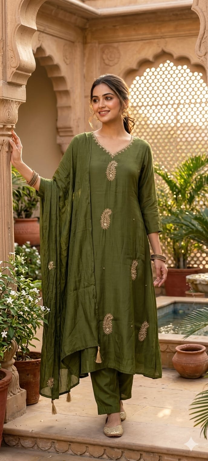 Solid Festive A-Line Full Suit Set with Zari Buta Embroidery & Tassel Dupatta- 14938