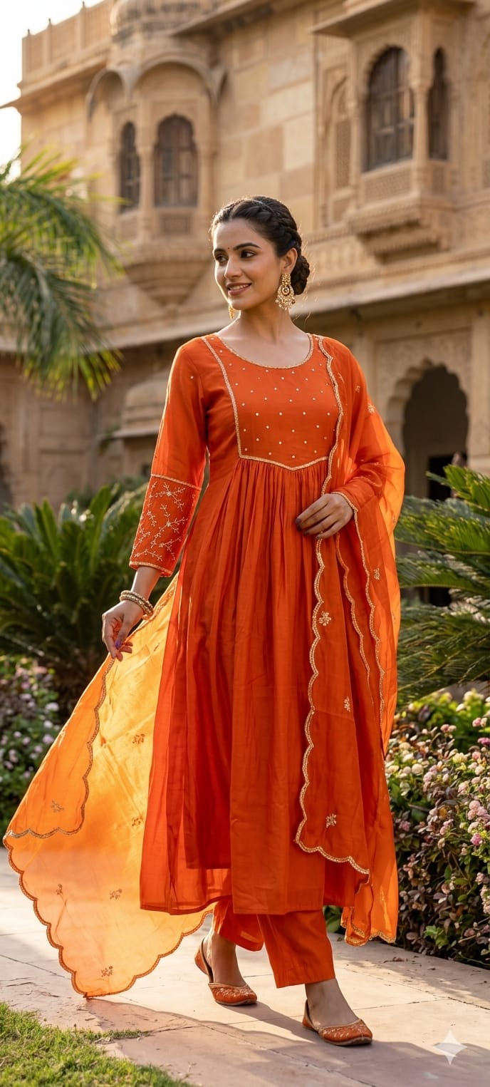 Burnt Orange Surat Mul-Chanderi A-Line Full Suit Set with Scalloped Border Dupatta- 14936