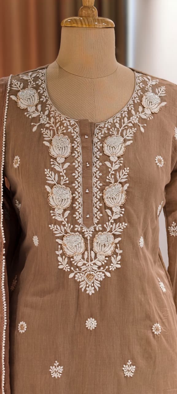 Intricate Floral Embroidery With Cut-Dana Upwork Mul Chanderi Full Suit Set With Dupatta- 14218