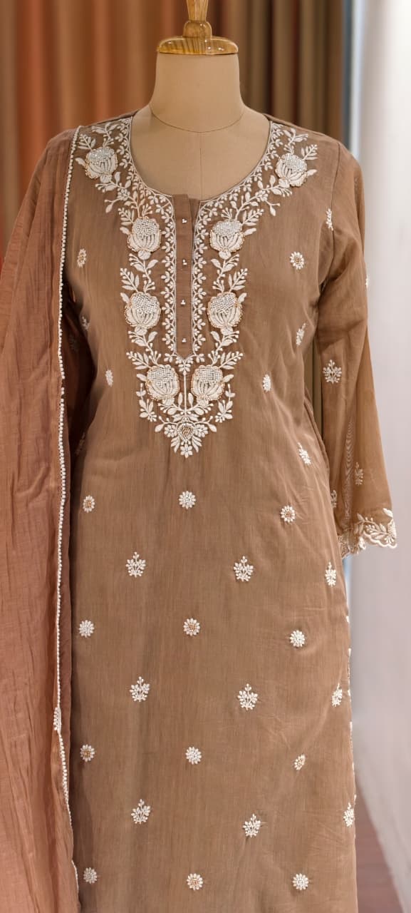 Intricate Floral Embroidery With Cut-Dana Upwork Mul Chanderi Full Suit Set With Dupatta- 14218