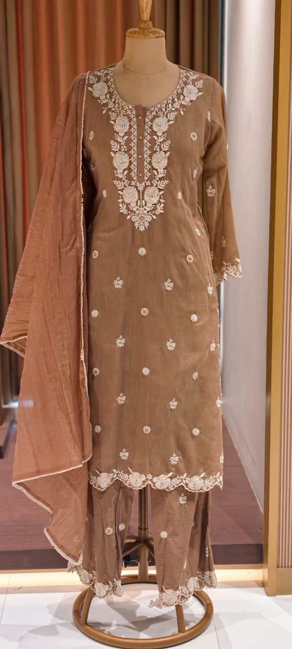 Intricate Floral Embroidery With Cut-Dana Upwork Mul Chanderi Full Suit Set With Dupatta- 14218
