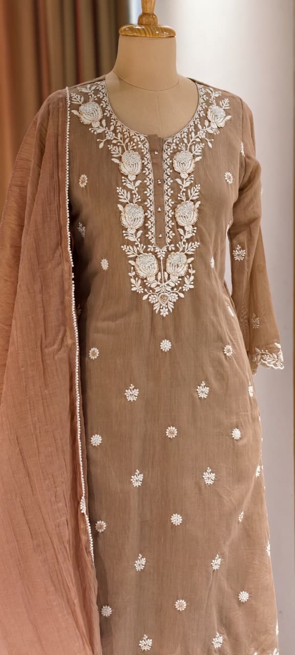 Intricate Floral Embroidery With Cut-Dana Upwork Mul Chanderi Full Suit Set With Dupatta- 14218