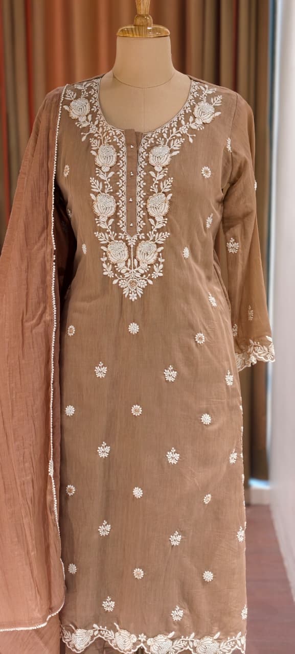 Intricate Floral Embroidery With Cut-Dana Upwork Mul Chanderi Full Suit Set With Dupatta- 14218