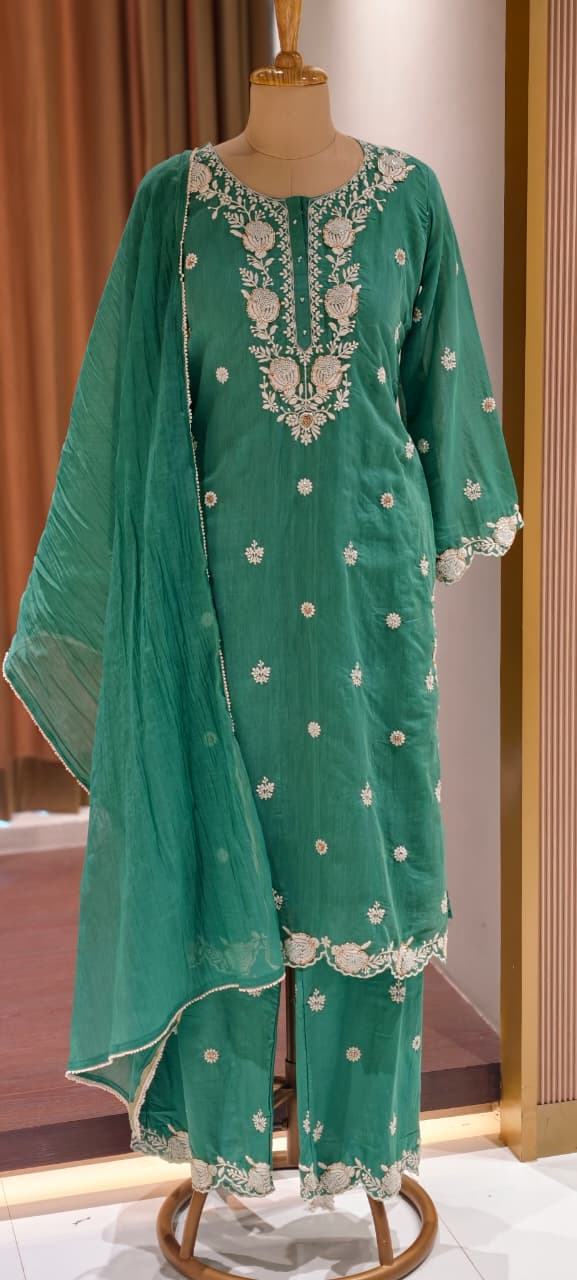 Intricate Floral Embroidery With Cut-Dana Upwork Mul Chanderi Full Suit Set With Dupatta- 14218