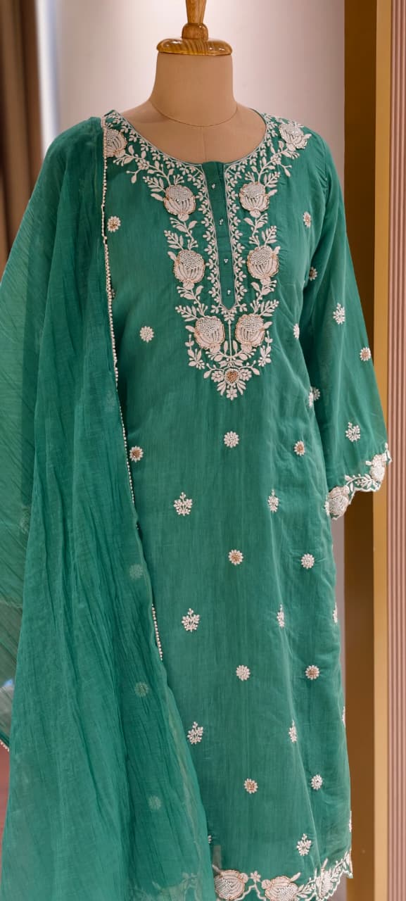 Intricate Floral Embroidery With Cut-Dana Upwork Mul Chanderi Full Suit Set With Dupatta- 14218