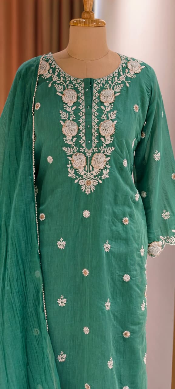 Intricate Floral Embroidery With Cut-Dana Upwork Mul Chanderi Full Suit Set With Dupatta- 14218