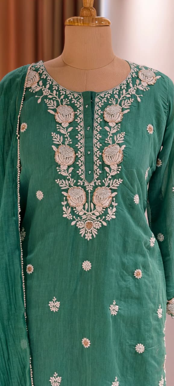 Intricate Floral Embroidery With Cut-Dana Upwork Mul Chanderi Full Suit Set With Dupatta- 14218