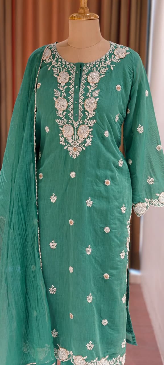 Intricate Floral Embroidery With Cut-Dana Upwork Mul Chanderi Full Suit Set With Dupatta- 14218