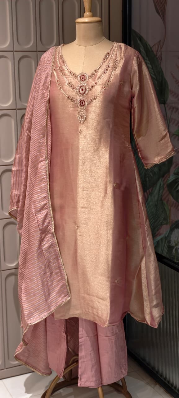 Elegant Classic Shiny Jewel Look Hand-Embellished Neckline Tissue A-Line Full Suit Set With Dupatta- 14935